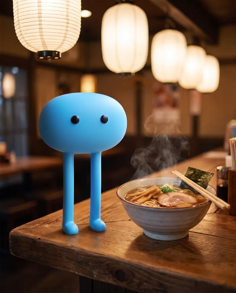 Chipo beside a bowl of ramen