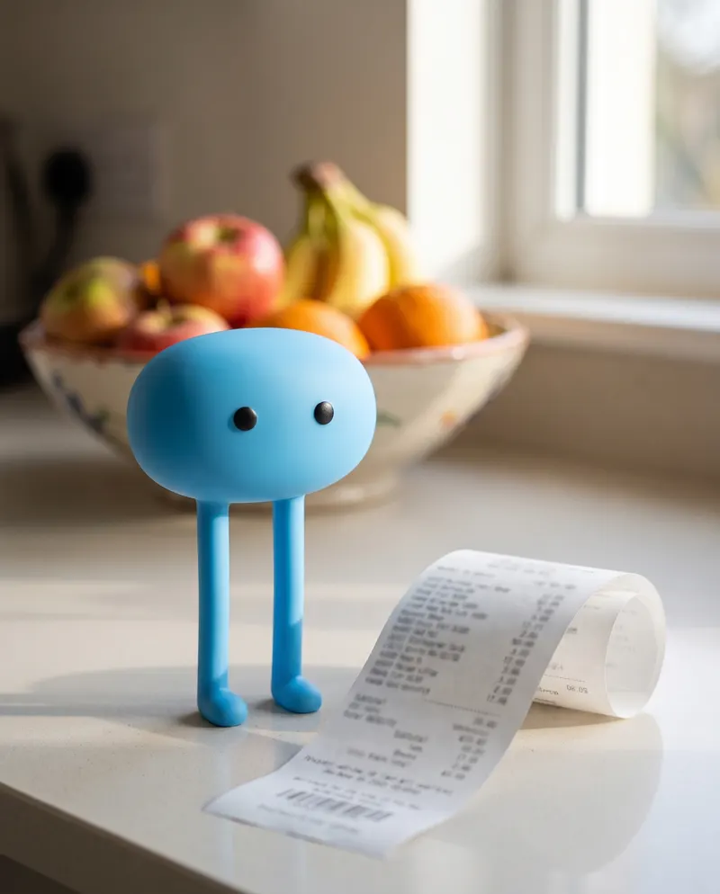Chipo next to a till receipt on a counter